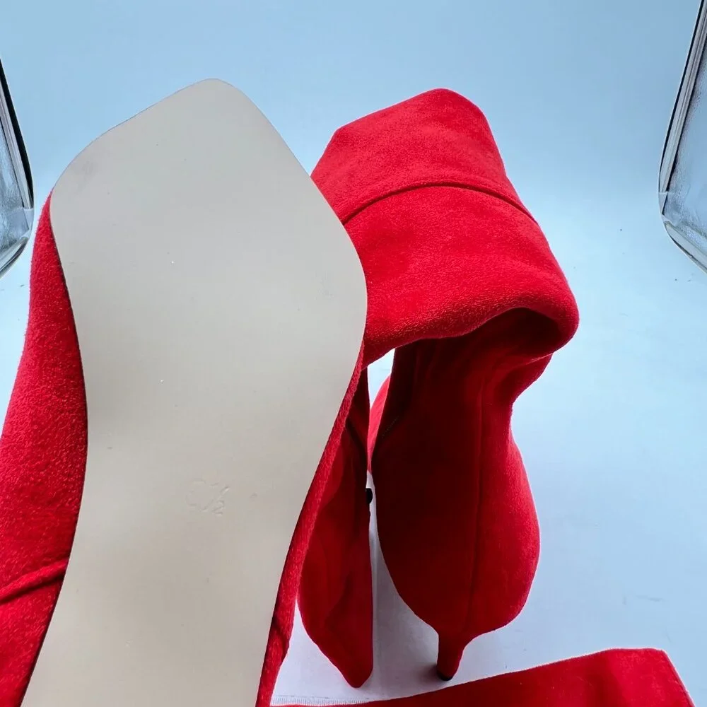 Red Suede Pointed Toe Over The Knee Boot Side Zip Mid Heel Thigh High Boots